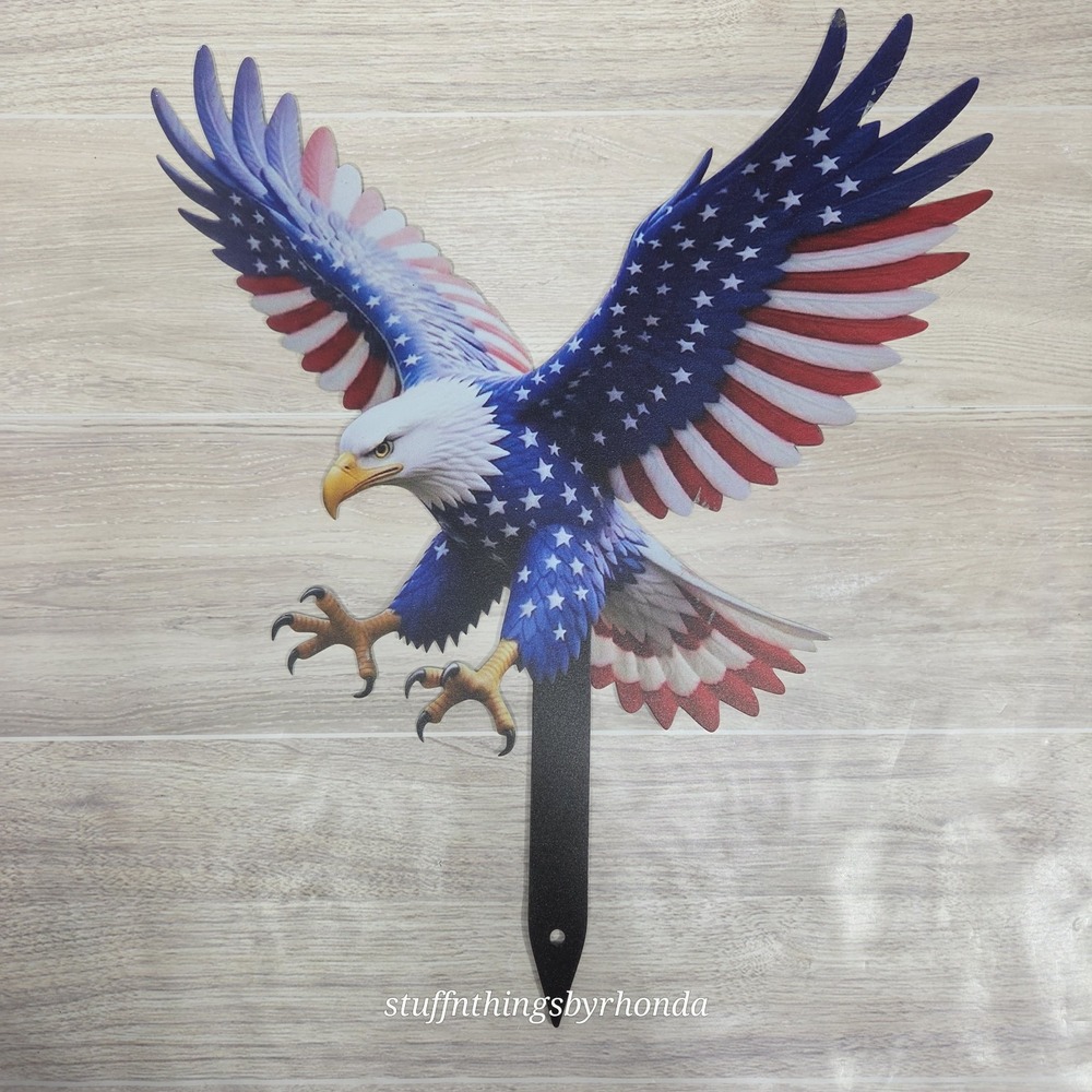 Patriotic American Bald Eagle Metal Small Garden Stake Flower Pot Stake
